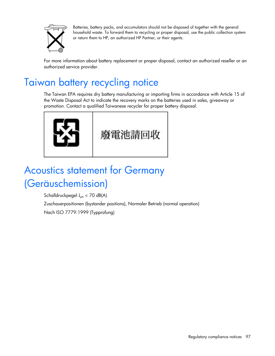 Taiwan battery recycling notice, Acoustics statement for germany (geräuschemission) | HP BL685C G6 User Manual | Page 97 / 106