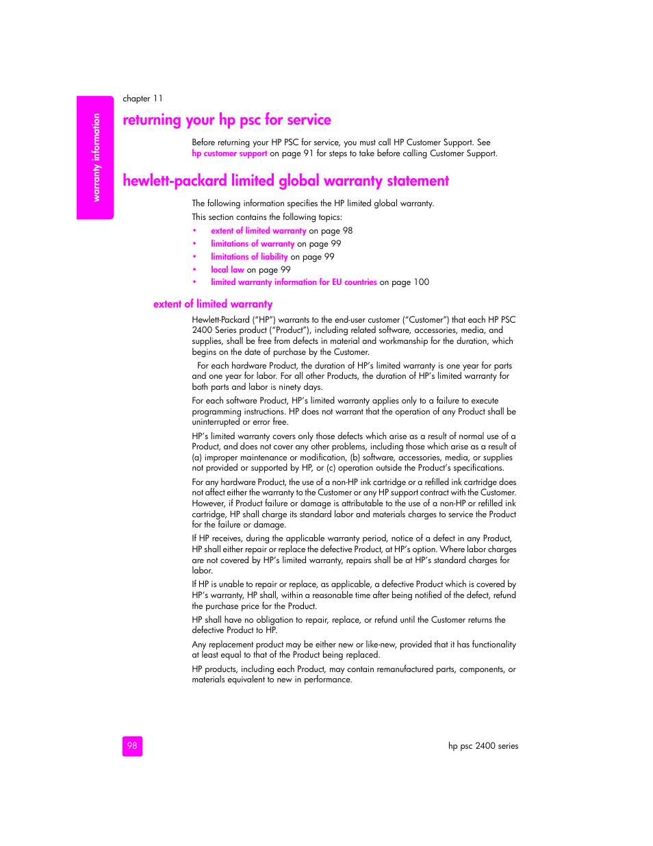 Returning your hp psc for service, Hewlett-packard limited global warranty statement | HP 2400 User Manual | Page 108 / 166