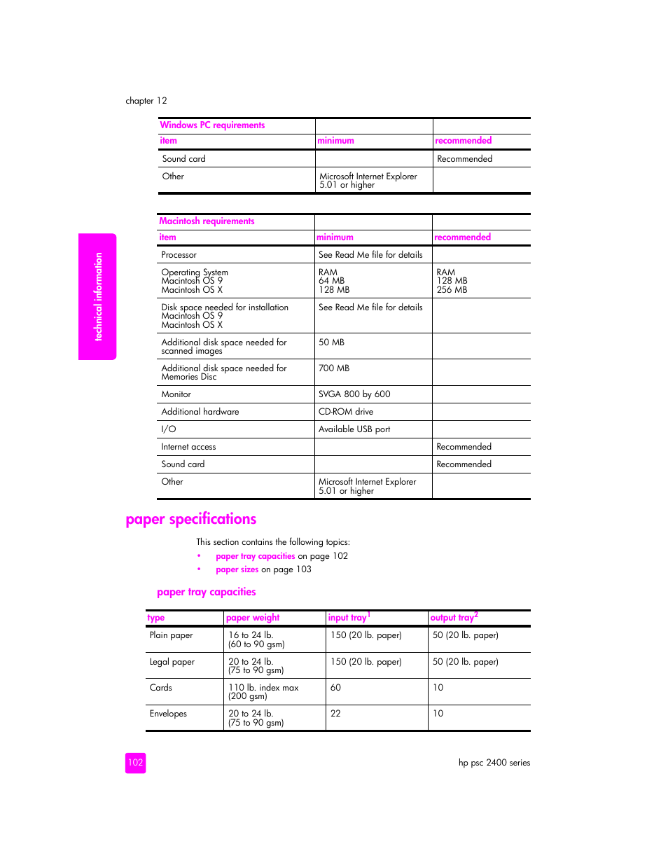 Paper specifications | HP 2400 User Manual | Page 112 / 166