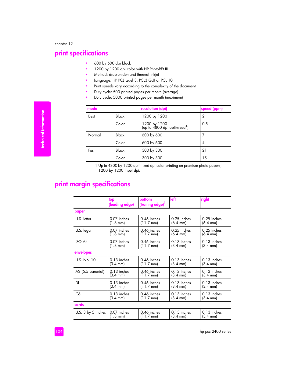 Print specifications, Print margin specifications | HP 2400 User Manual | Page 114 / 166