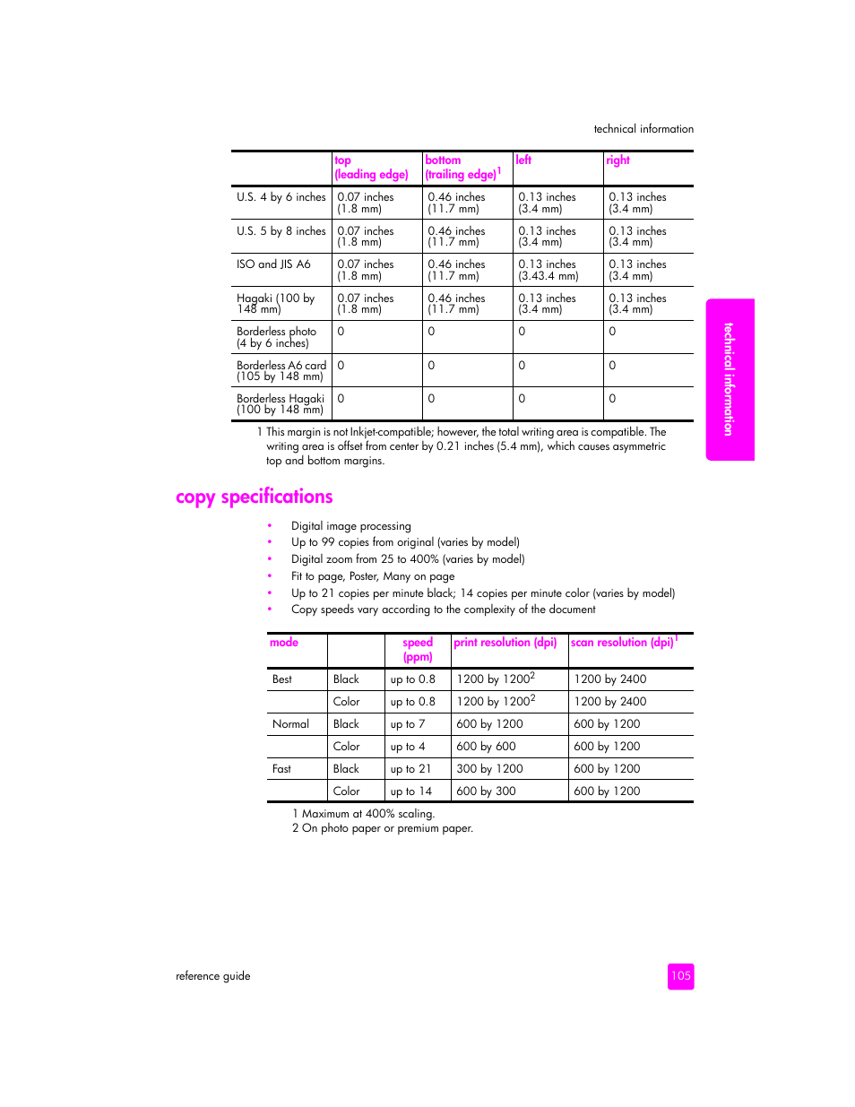 Copy specifications | HP 2400 User Manual | Page 115 / 166