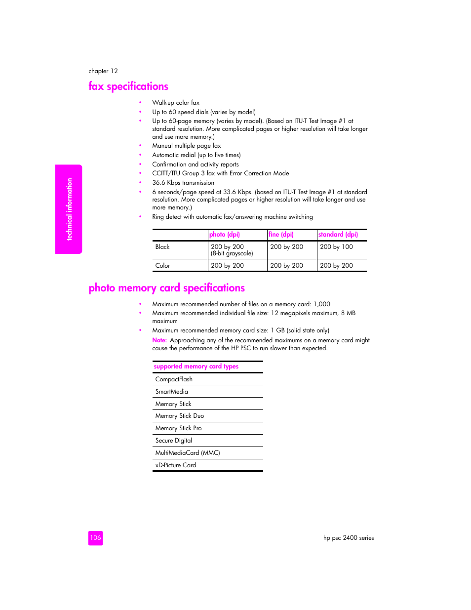 Fax specifications | HP 2400 User Manual | Page 116 / 166