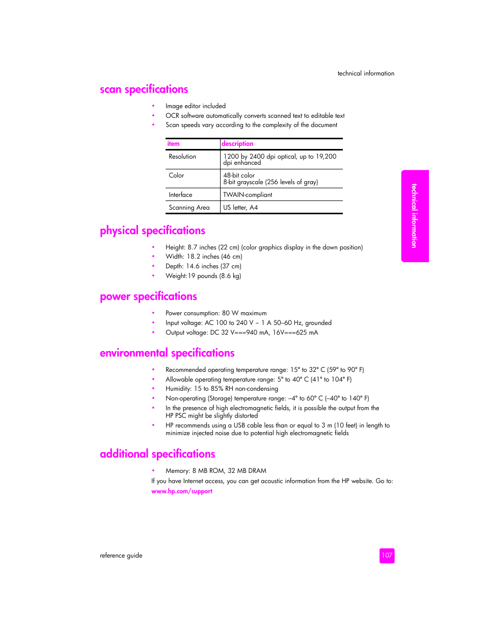 Scan specifications, Physical specifications, Power specifications | Environmental specifications, Additional specifications | HP 2400 User Manual | Page 117 / 166