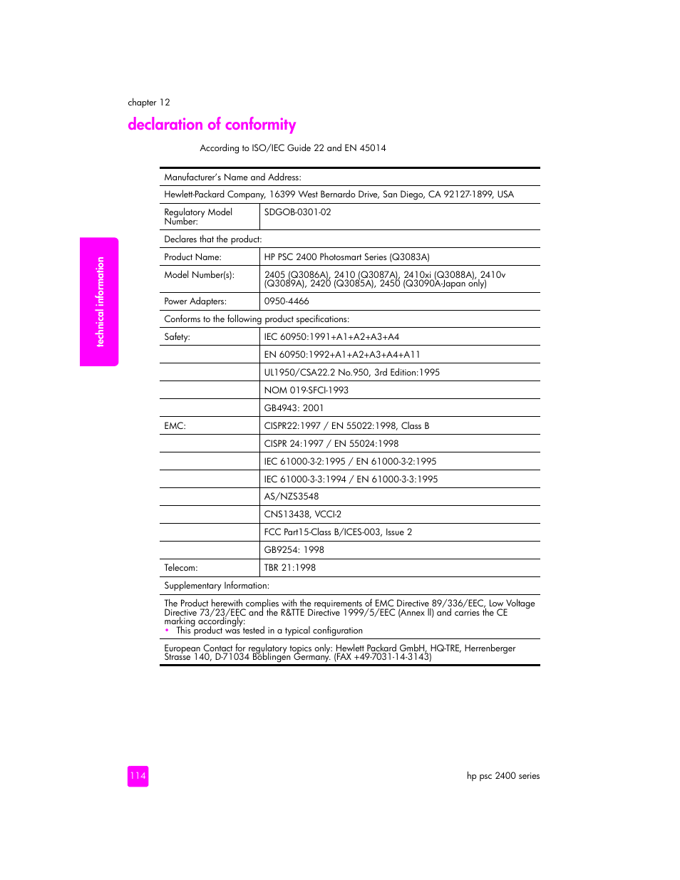Declaration of conformity | HP 2400 User Manual | Page 124 / 166