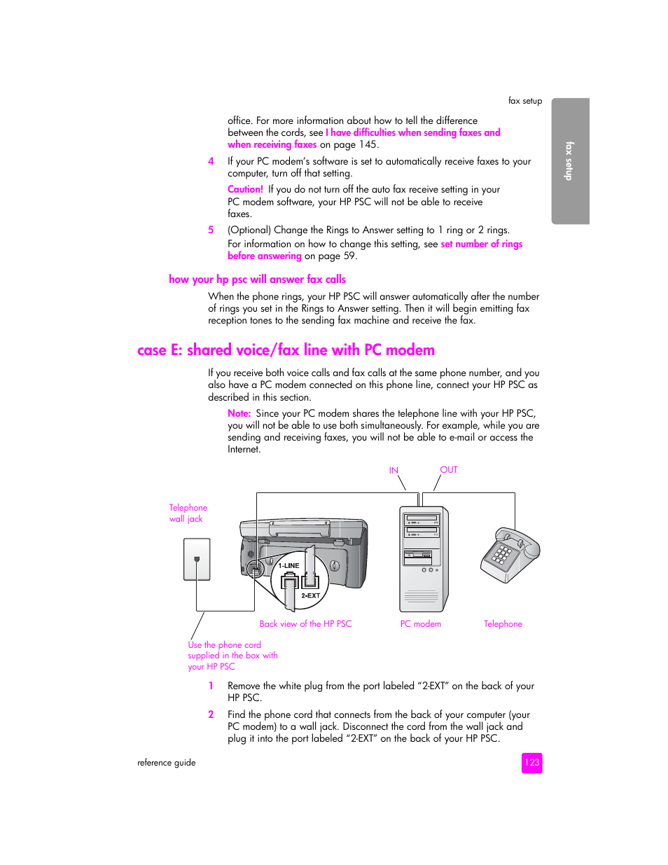 Case e: shared voice/fax line with pc modem | HP 2400 User Manual | Page 133 / 166