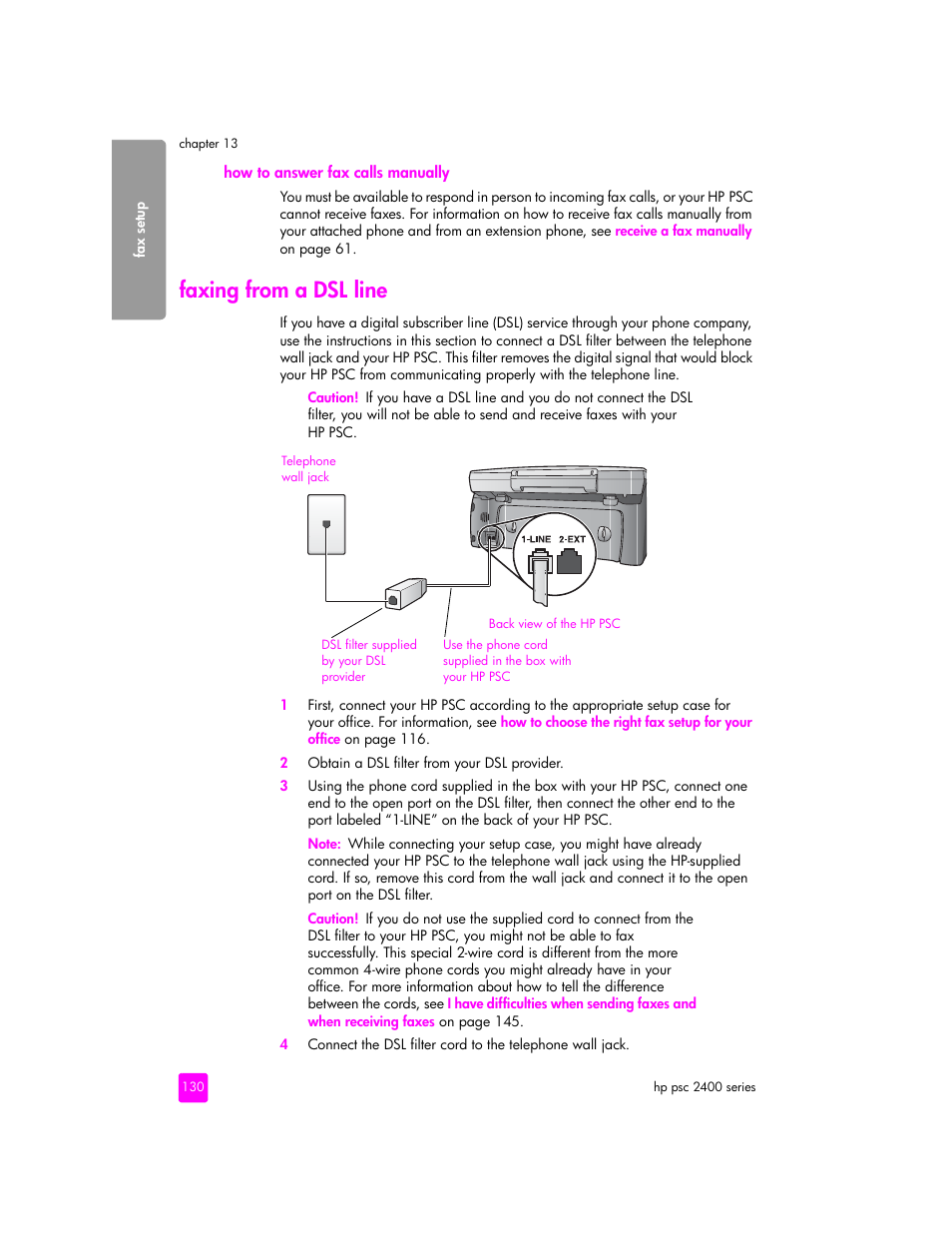 Faxing from a dsl line | HP 2400 User Manual | Page 140 / 166