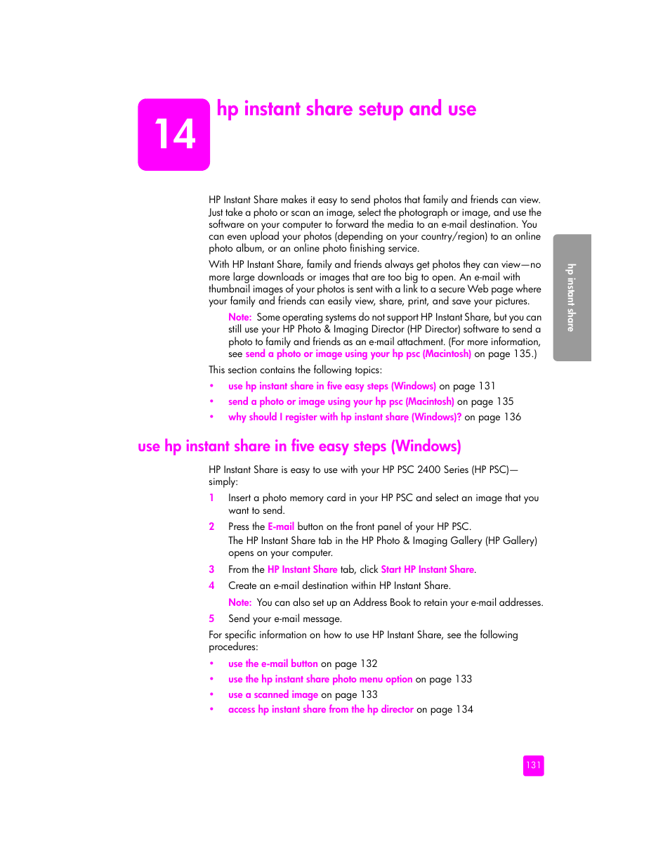 Hp instant share setup and use, Use hp instant share in five easy steps (windows) | HP 2400 User Manual | Page 141 / 166