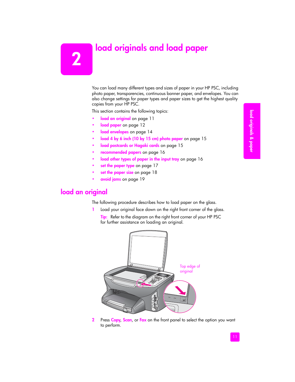 Load originals and load paper, Load an original | HP 2400 User Manual | Page 21 / 166