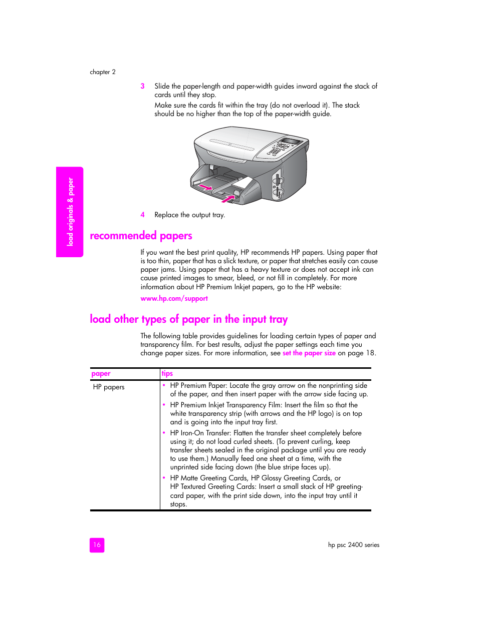 Recommended papers, Load other types of paper in the input tray | HP 2400 User Manual | Page 26 / 166