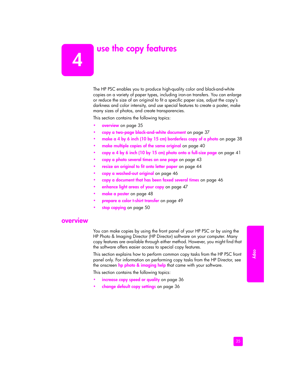Use the copy features, Overview | HP 2400 User Manual | Page 45 / 166