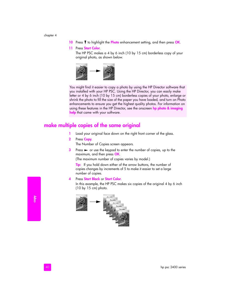 Make multiple copies of the same original | HP 2400 User Manual | Page 50 / 166