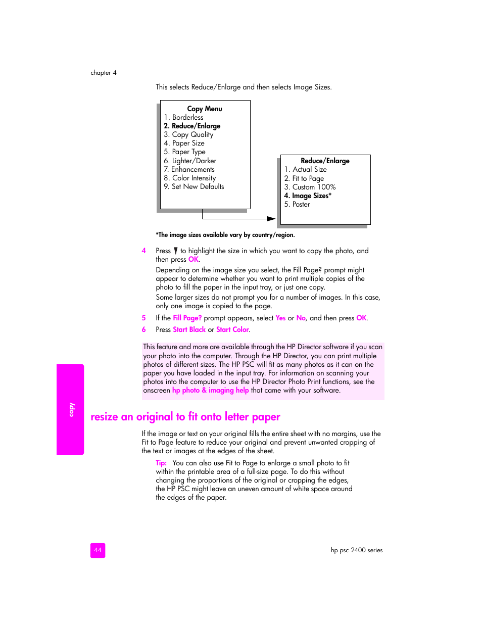 Resize an original to fit onto letter paper | HP 2400 User Manual | Page 54 / 166