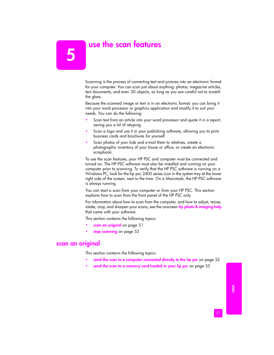 Use the scan features, Scan an original | HP 2400 User Manual | Page 61 / 166