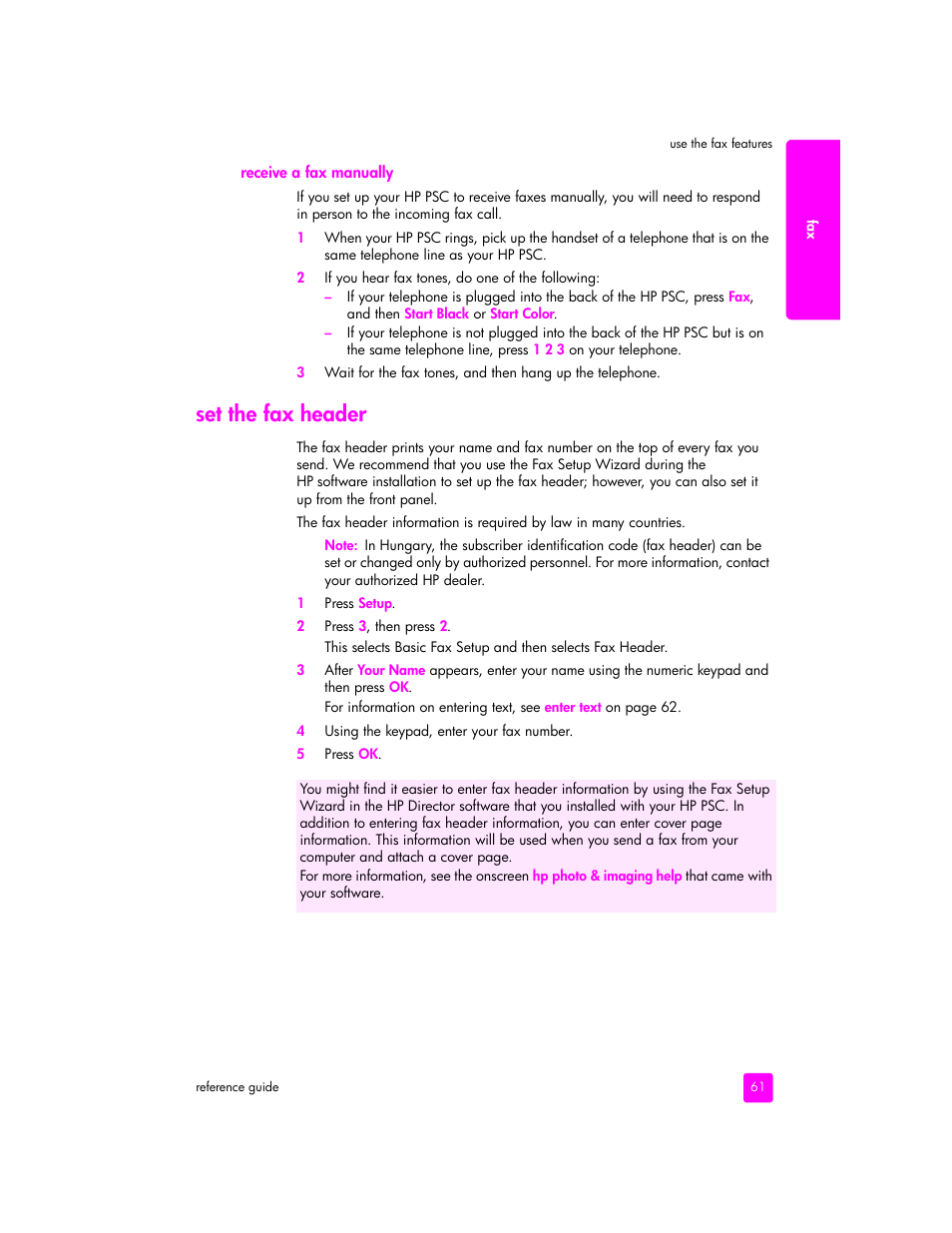 Set the fax header | HP 2400 User Manual | Page 71 / 166