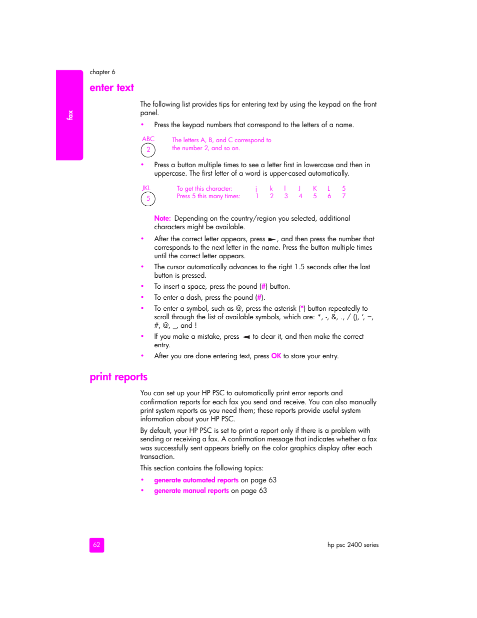 Enter text, Print reports | HP 2400 User Manual | Page 72 / 166