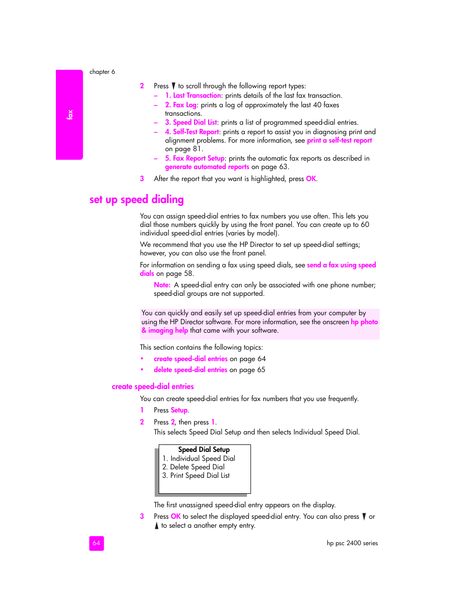 Set up speed dialing | HP 2400 User Manual | Page 74 / 166