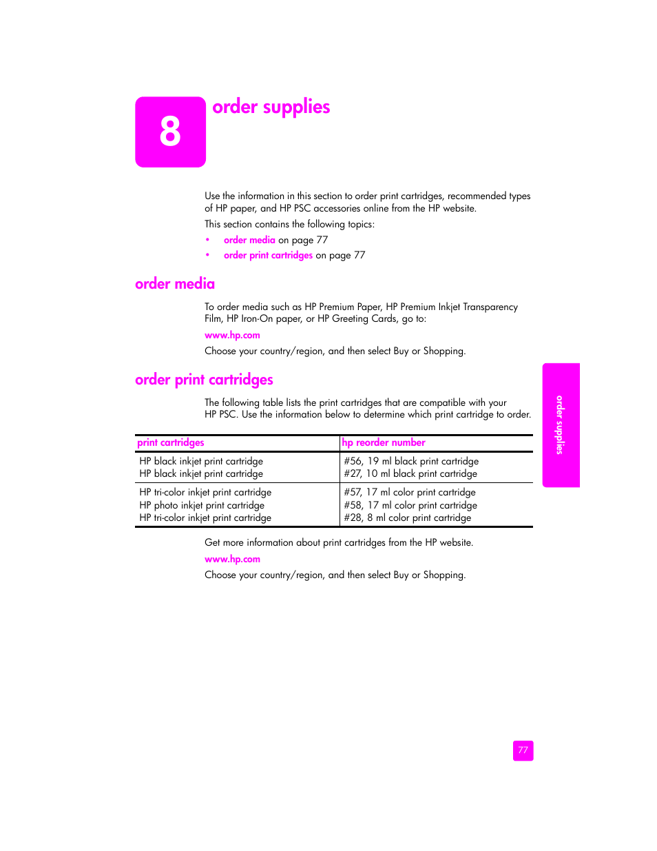 Order supplies, Order media, Order print cartridges | HP 2400 User Manual | Page 87 / 166