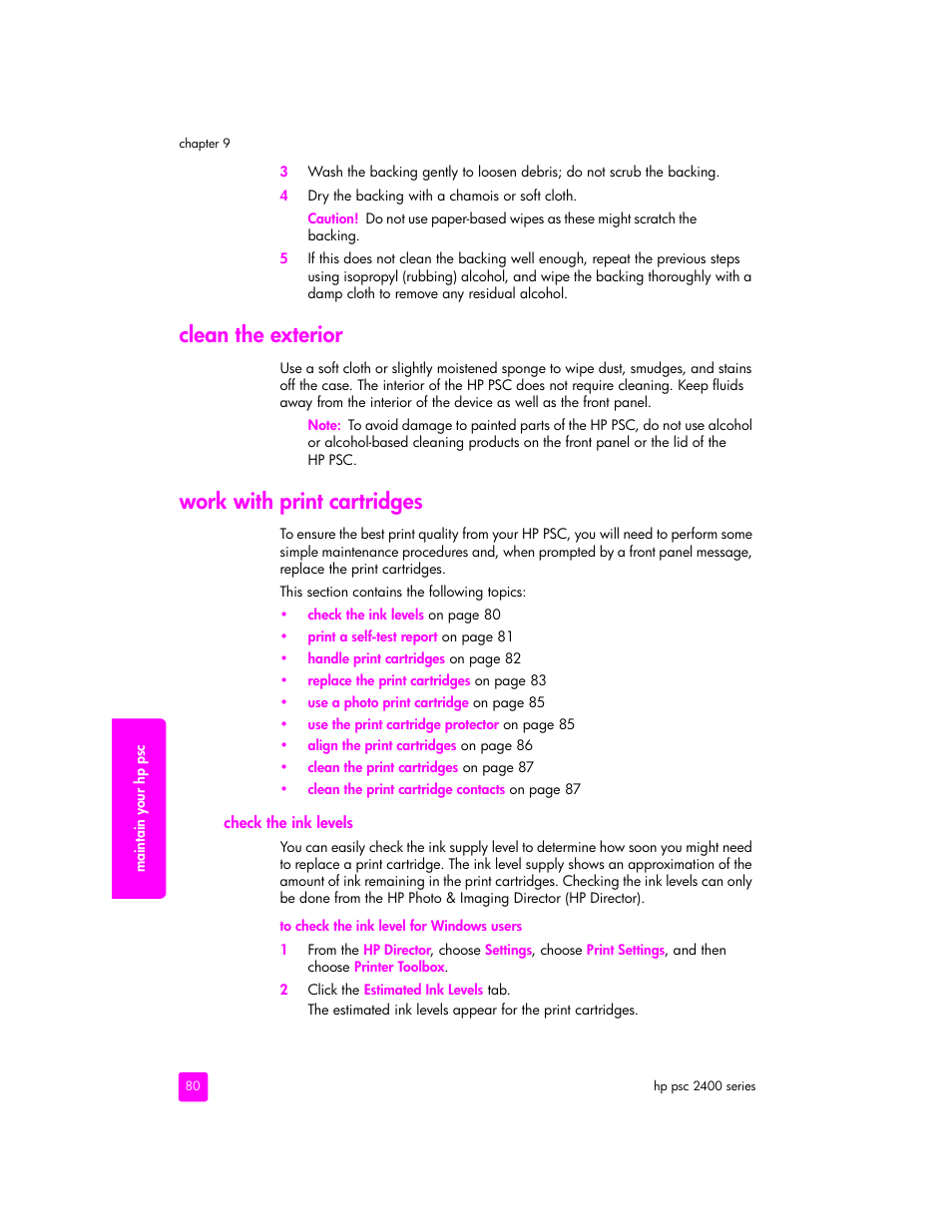 Clean the exterior, Work with print cartridges | HP 2400 User Manual | Page 90 / 166