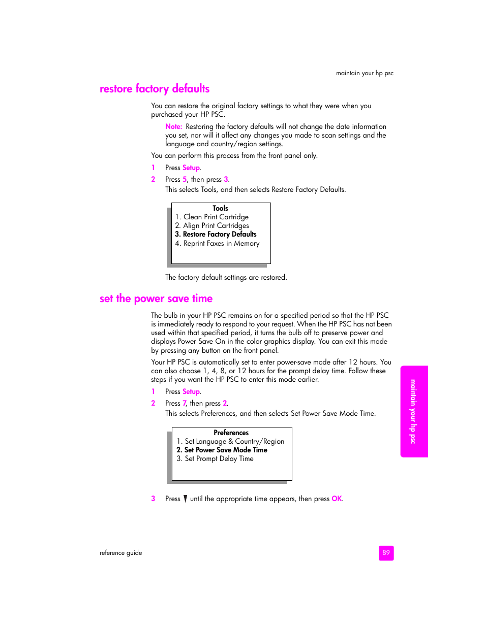 Restore factory defaults, Set the power save time | HP 2400 User Manual | Page 99 / 166