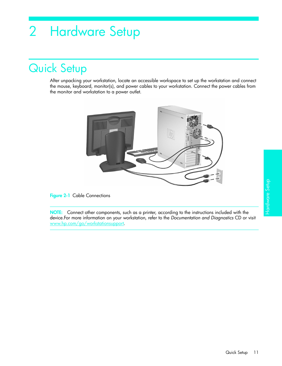 Chapter 2: hardware setup, Quick setup, 2 hardware setup | HP xw4200 User Manual | Page 11 / 46