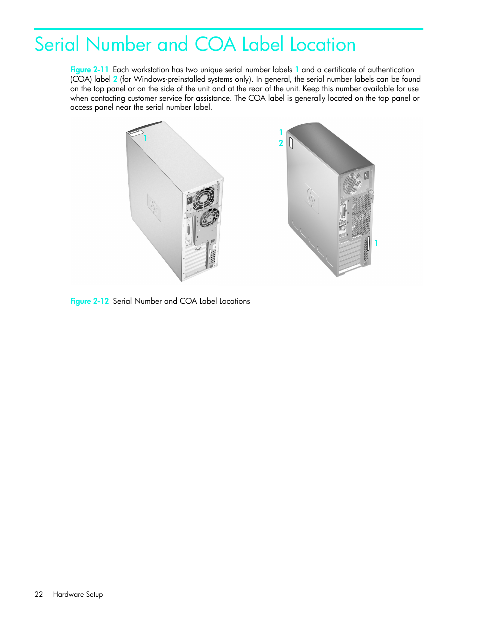 Serial number and coa label location | HP xw4200 User Manual | Page 22 / 46