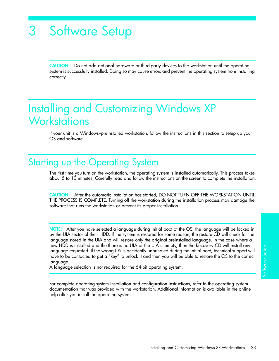 Chapter 3: software setup, Installing and customizing windows xp workstations, Starting up the operating system | 3 software setup | HP xw4200 User Manual | Page 23 / 46