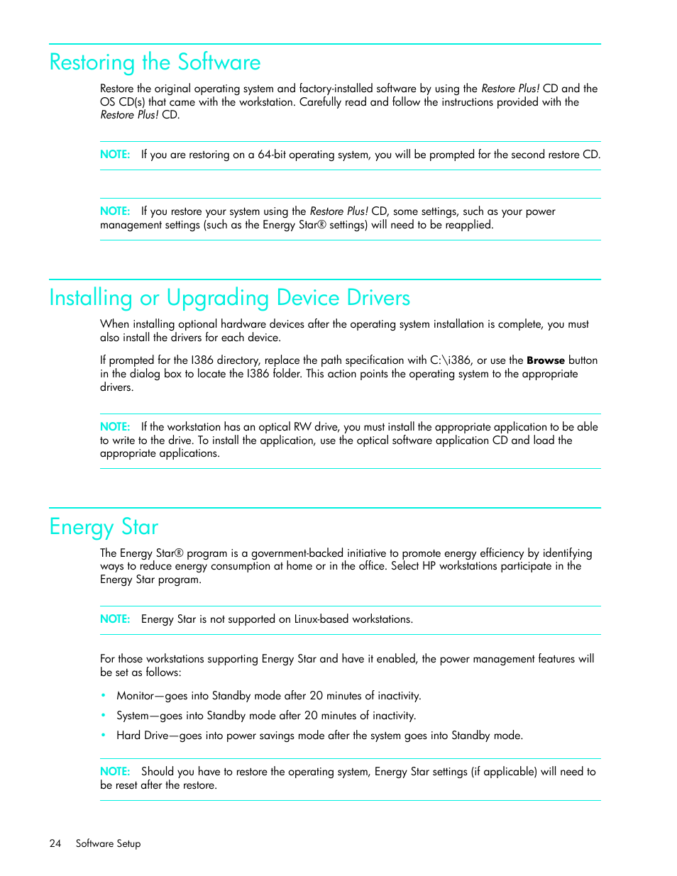 Restoring the software, Installing or upgrading device drivers, Energy star | HP xw4200 User Manual | Page 24 / 46