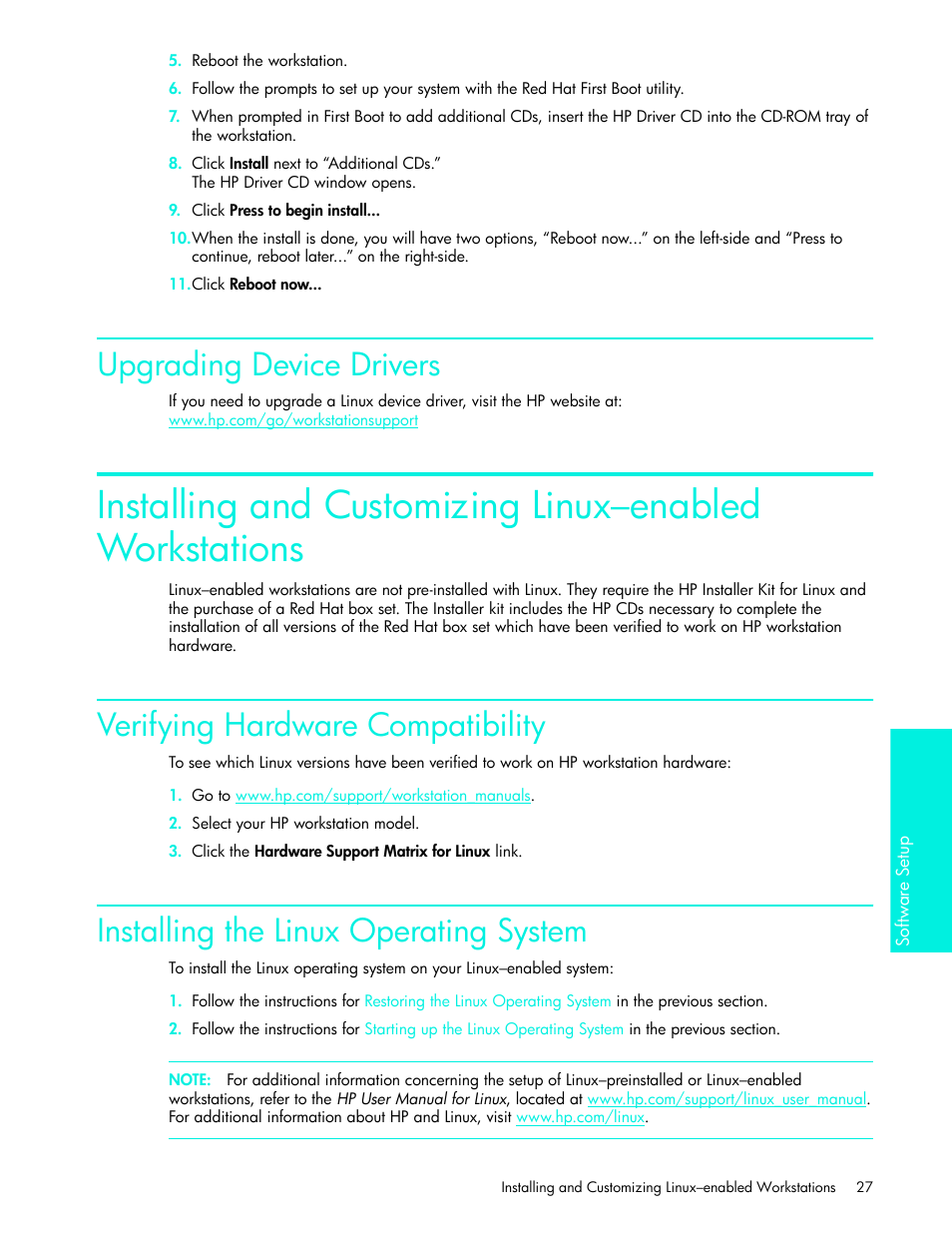 Upgrading device drivers, Verifying hardware compatibility, Installing the linux operating system | HP xw4200 User Manual | Page 27 / 46