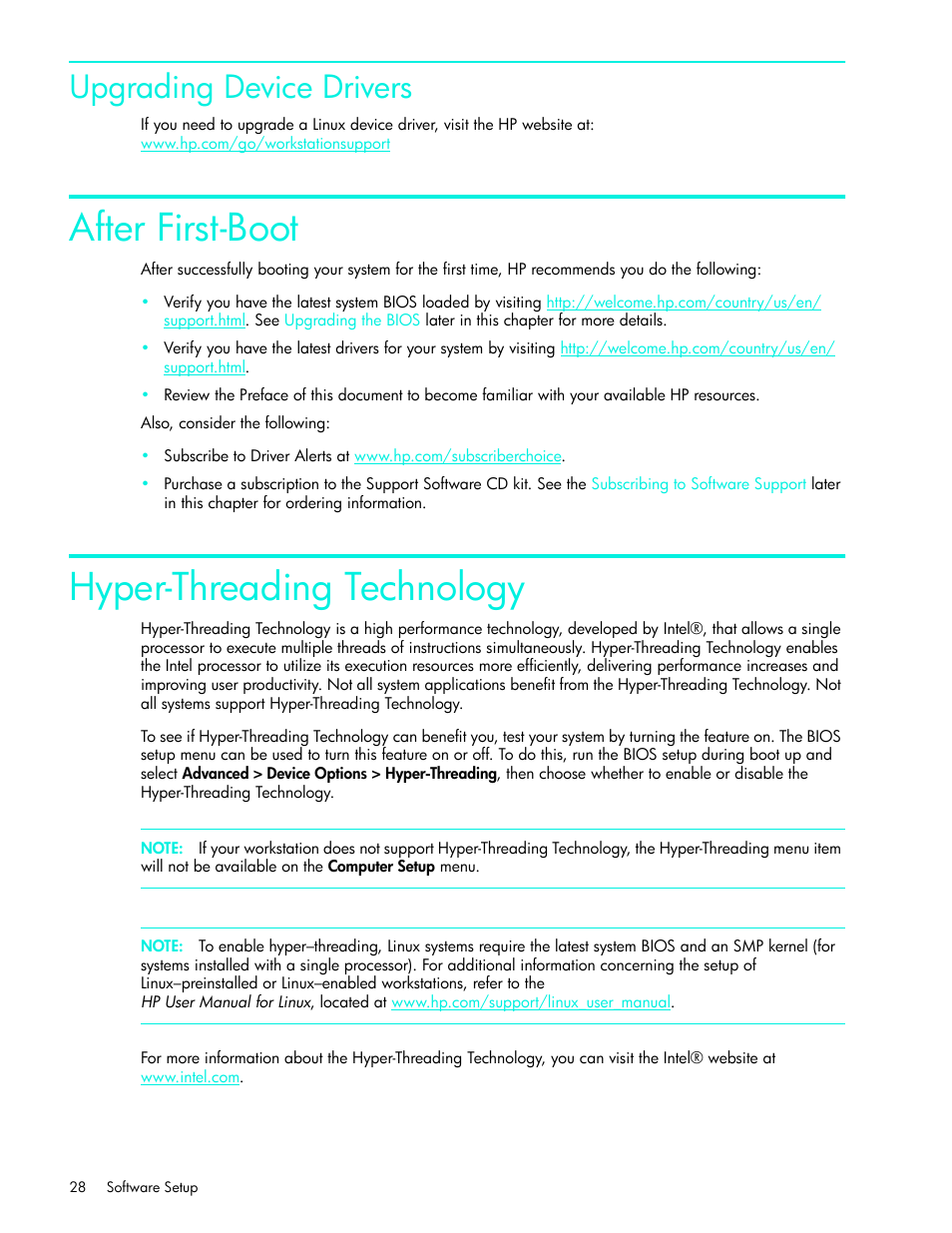 Upgrading device drivers, After first-boot, Hyper-threading technology | HP xw4200 User Manual | Page 28 / 46