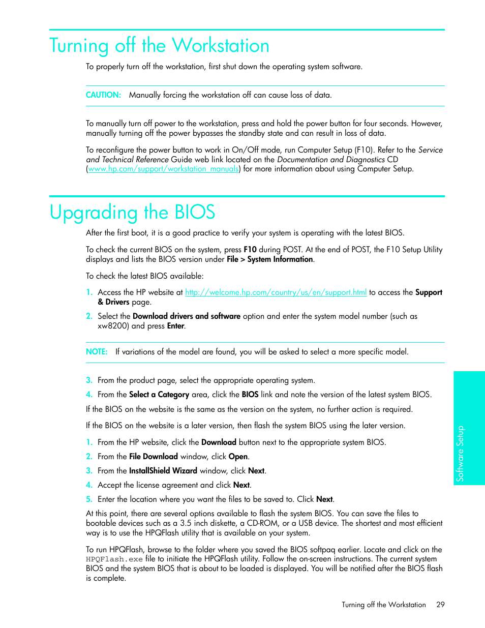 Turning off the workstation, Upgrading the bios | HP xw4200 User Manual | Page 29 / 46