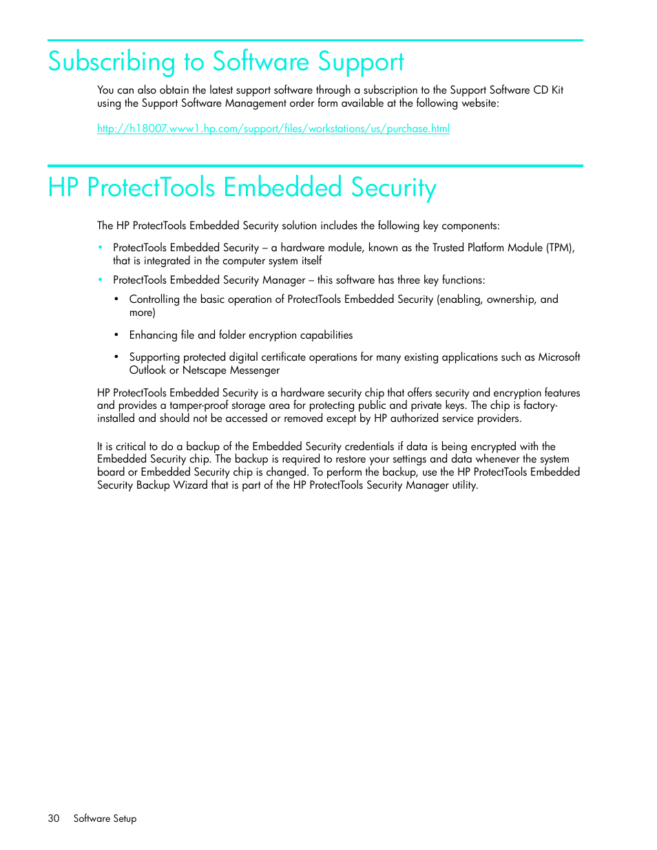 Subscribing to software support, Hp protecttools embedded security | HP xw4200 User Manual | Page 30 / 46