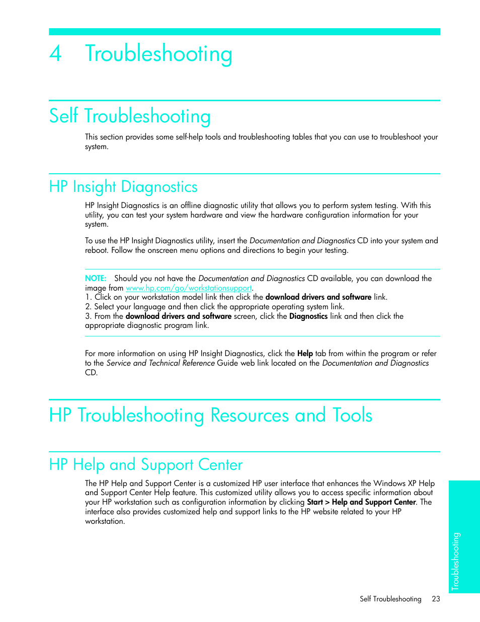 Chapter 4: troubleshooting, Self troubleshooting, Hp troubleshooting resources and tools | E “hp insight, E “self, 4 troubleshooting, Hp insight diagnostics, Hp help and support center | HP xw4200 User Manual | Page 31 / 46