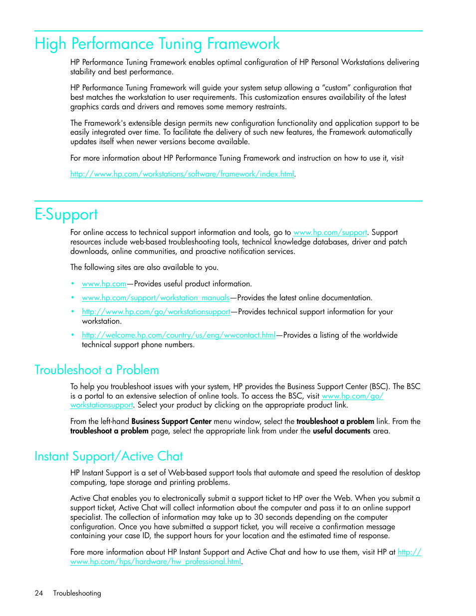 Troubleshoot a problem, Instant support/active chat, High performance tuning framework | E-support | HP xw4200 User Manual | Page 32 / 46