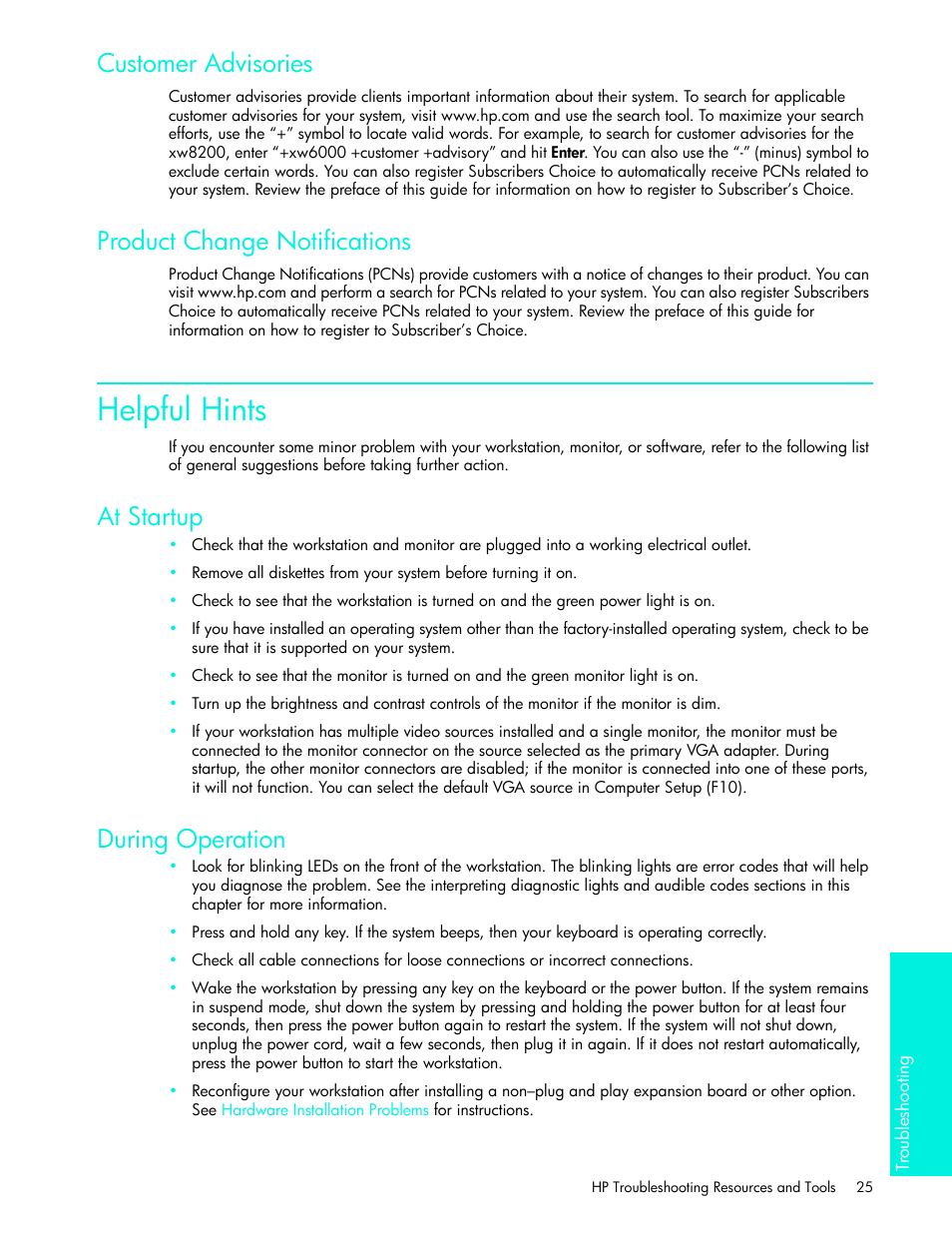 Customer advisories, Product change notifications, At startup | During operation, Helpful hints | HP xw4200 User Manual | Page 33 / 46