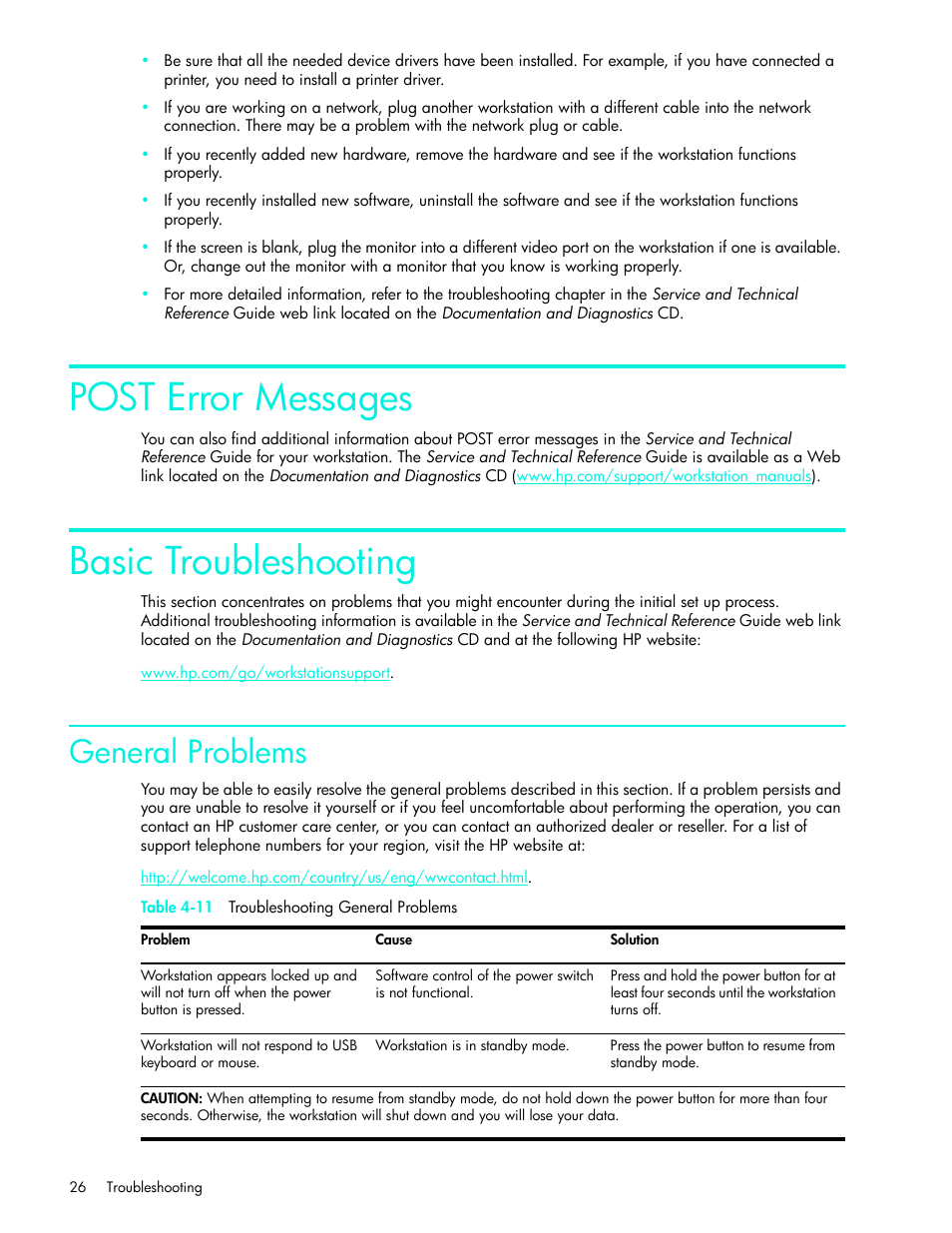 Post error messages, Basic troubleshooting, General problems | HP xw4200 User Manual | Page 34 / 46