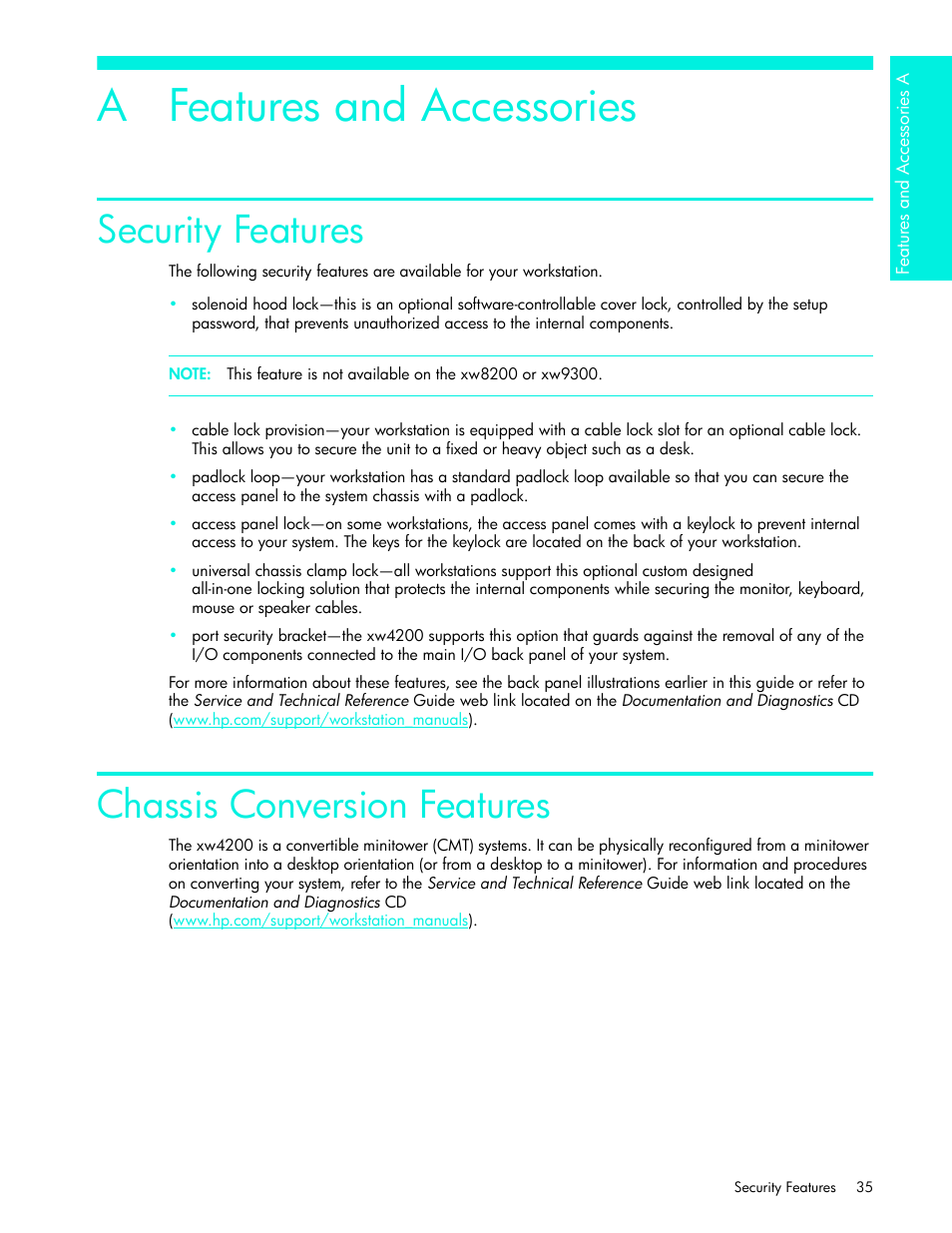 Appendix a: features and accessories, Security features, Chassis conversion features | A features and accessories | HP xw4200 User Manual | Page 43 / 46