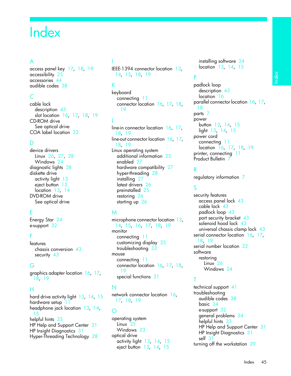 Index | HP xw4200 User Manual | Page 45 / 46