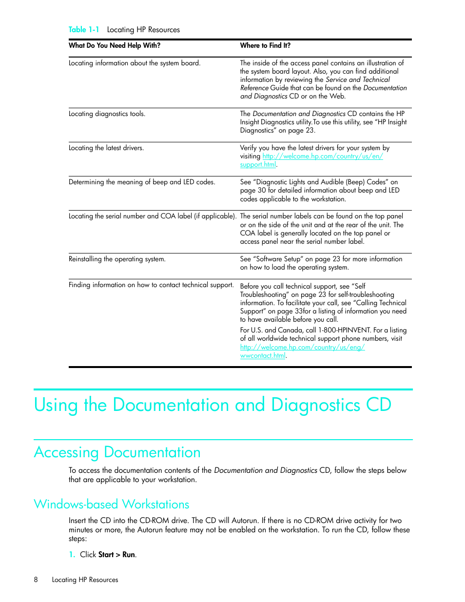 Using the documentation and diagnostics cd, Windows-based workstations, Accessing documentation | HP xw4200 User Manual | Page 8 / 46