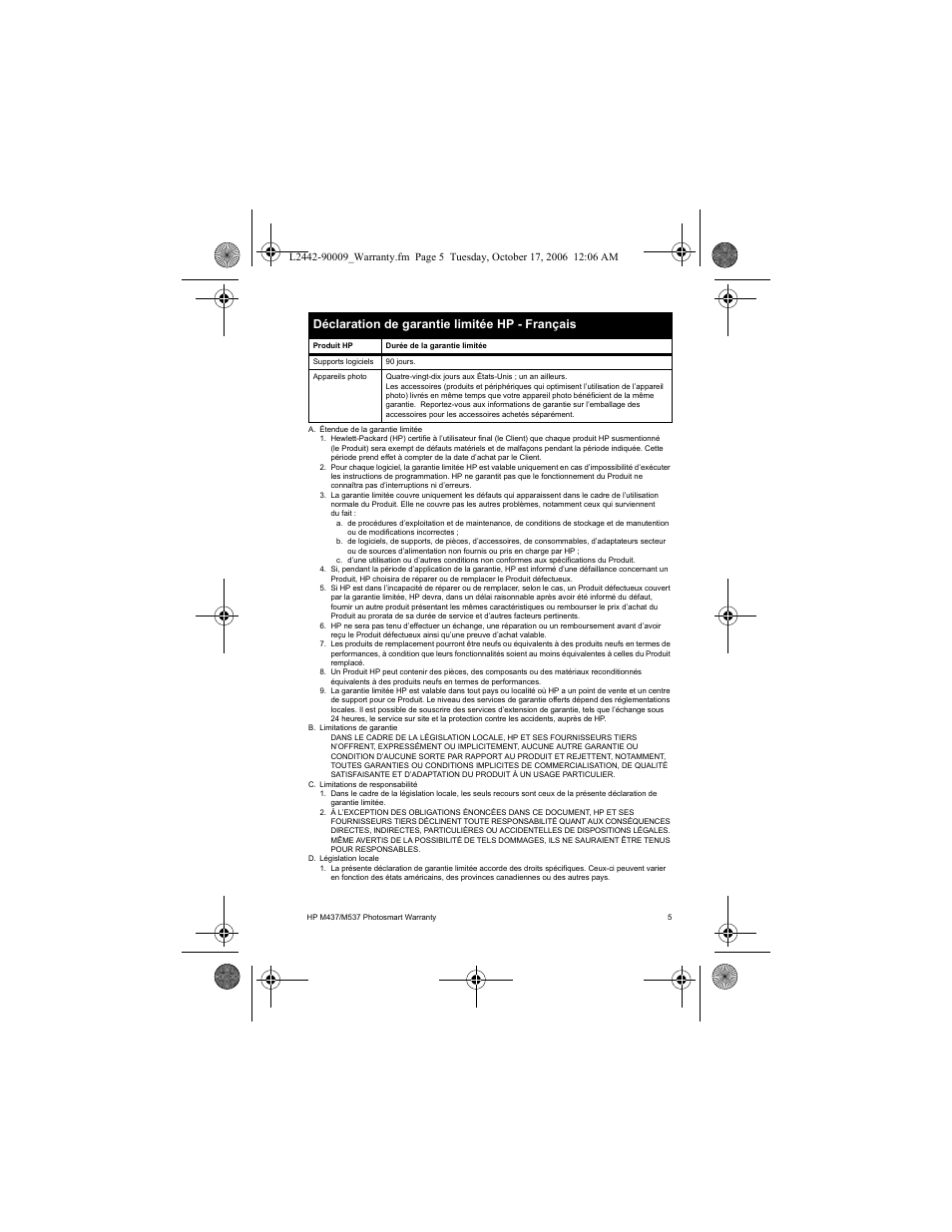 Déclaration de garantie limitée hp - français | HP M437 User Manual | Page 7 / 28