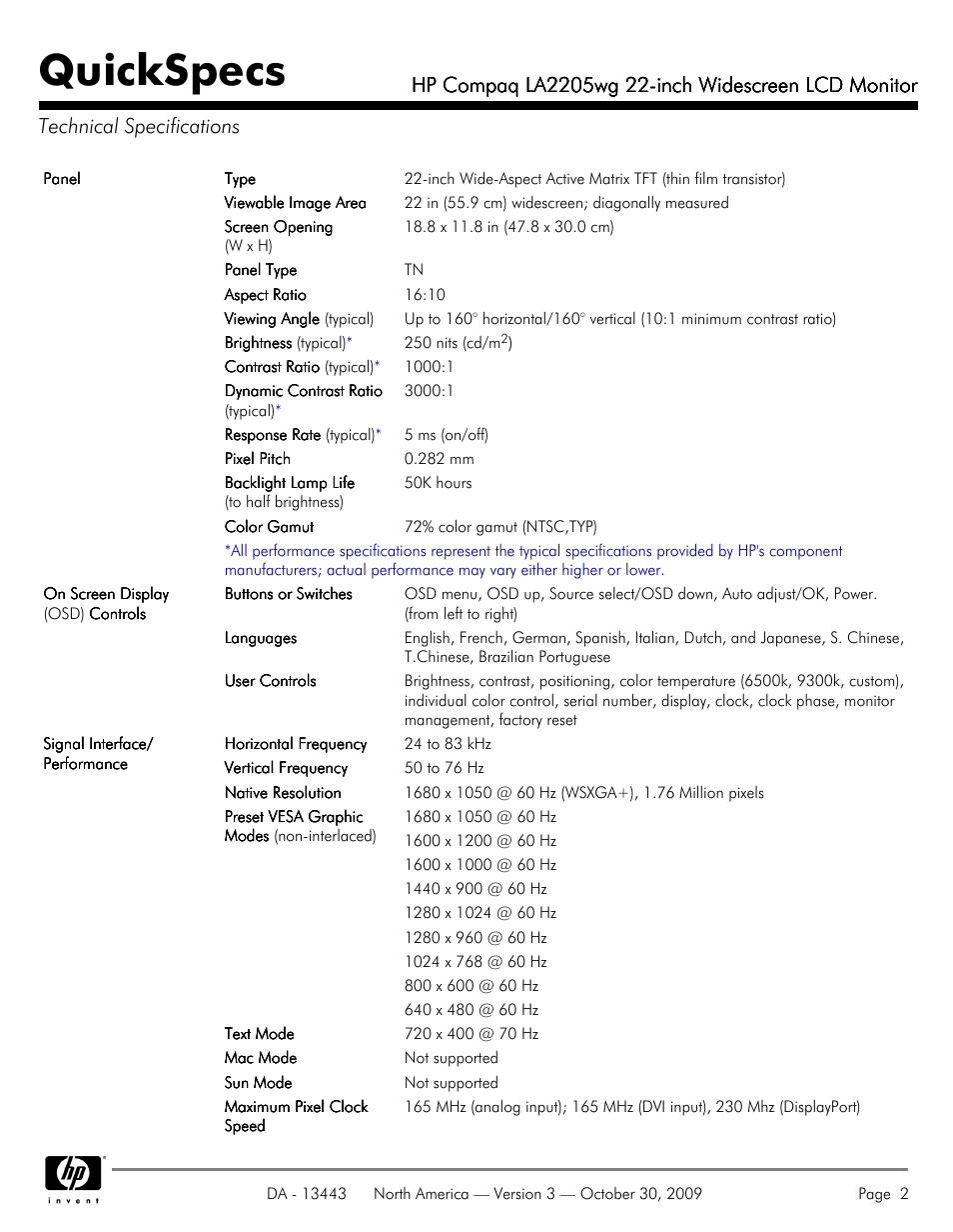 Technical specifications, Quickspecs | HP LA2205WG User Manual | Page 2 / 7