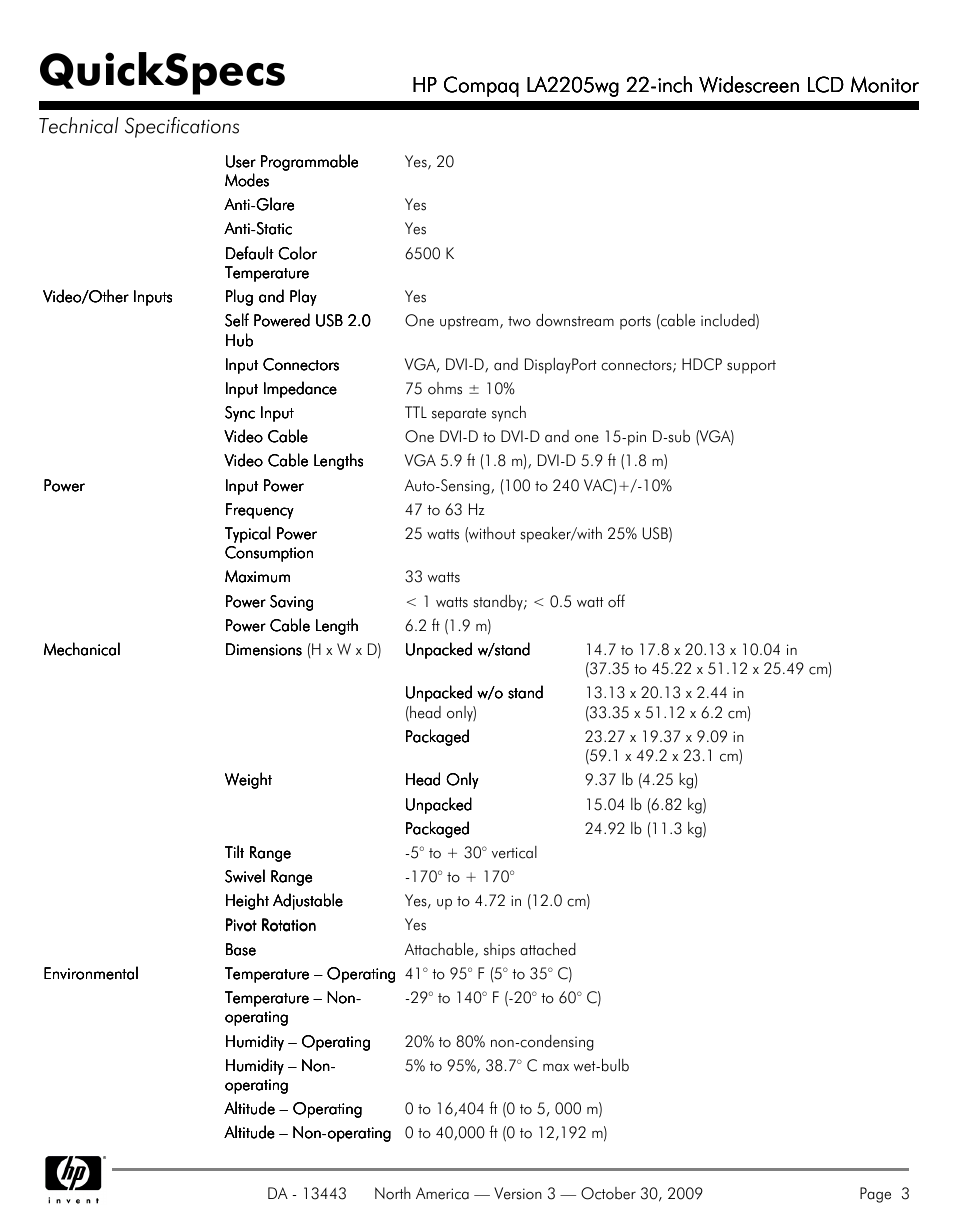 Quickspecs | HP LA2205WG User Manual | Page 3 / 7