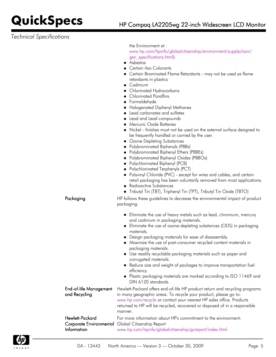 Quickspecs | HP LA2205WG User Manual | Page 5 / 7