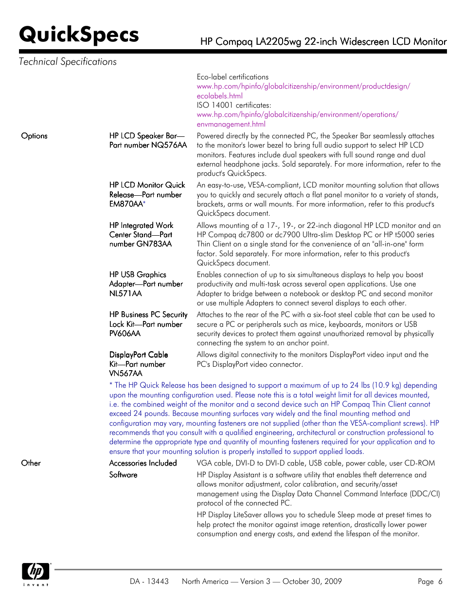 Quickspecs | HP LA2205WG User Manual | Page 6 / 7