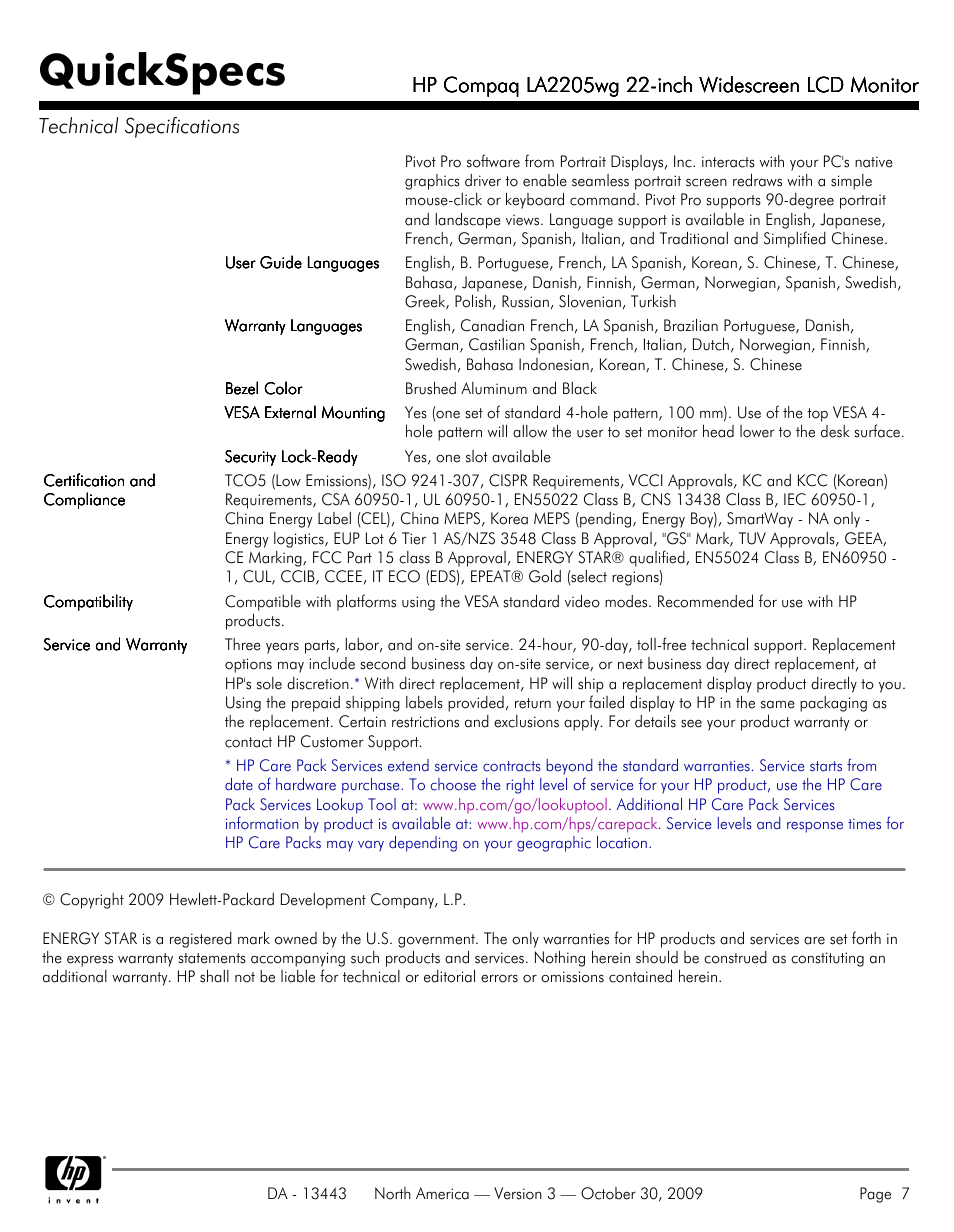 Quickspecs | HP LA2205WG User Manual | Page 7 / 7
