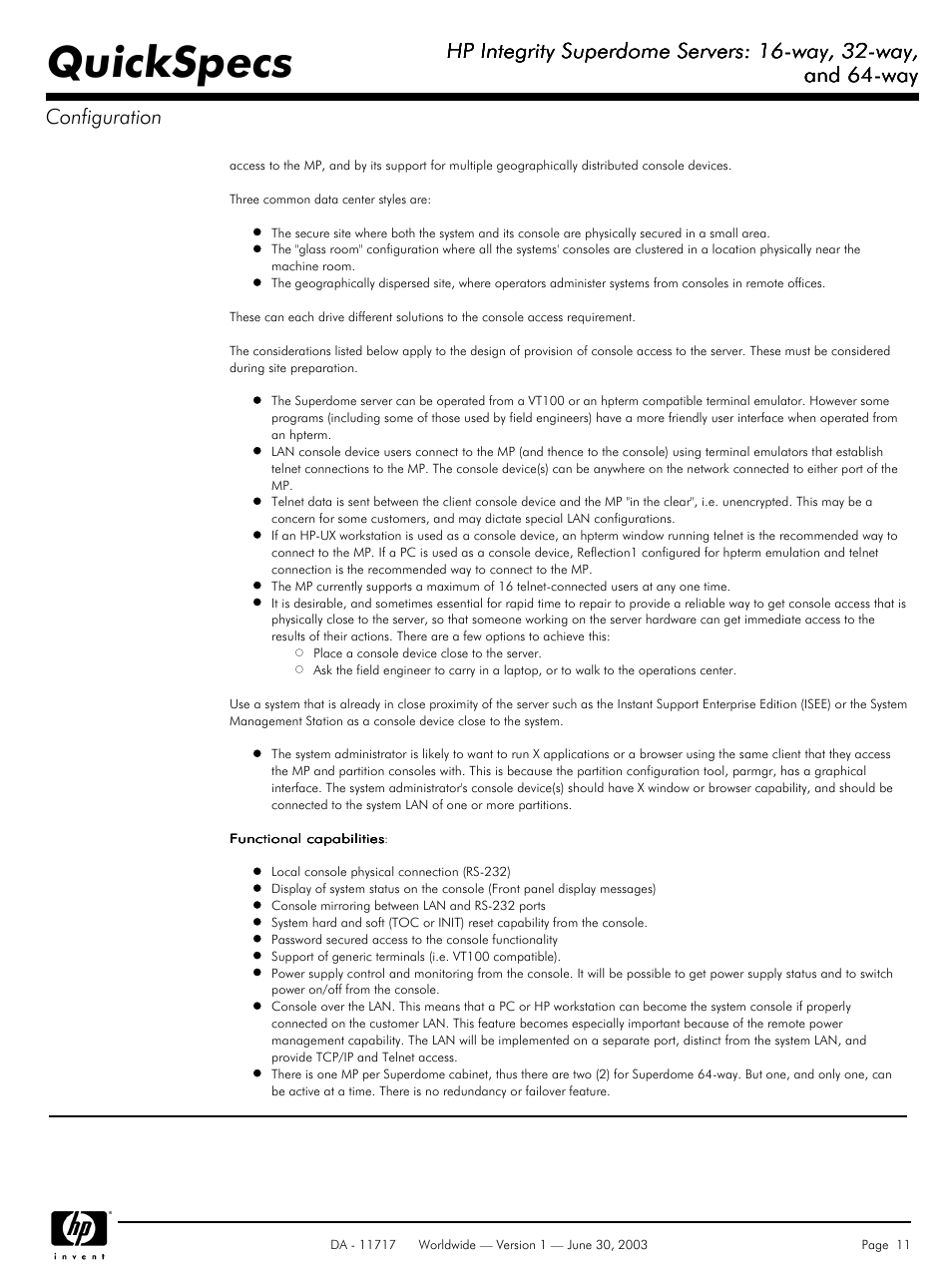 Quickspecs, Hp integrity superdome servers: 16-way, 32-way, And 64-way | And 64-way configuration | HP Integrity Superdome Server User Manual | Page 11 / 39