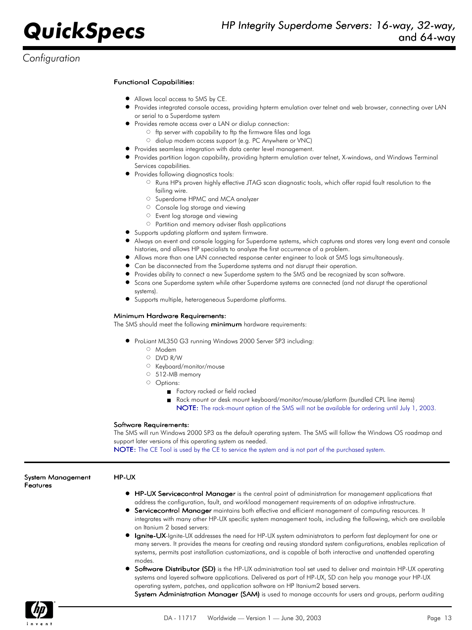 Quickspecs, Hp integrity superdome servers: 16-way, 32-way, And 64-way | And 64-way configuration | HP Integrity Superdome Server User Manual | Page 13 / 39