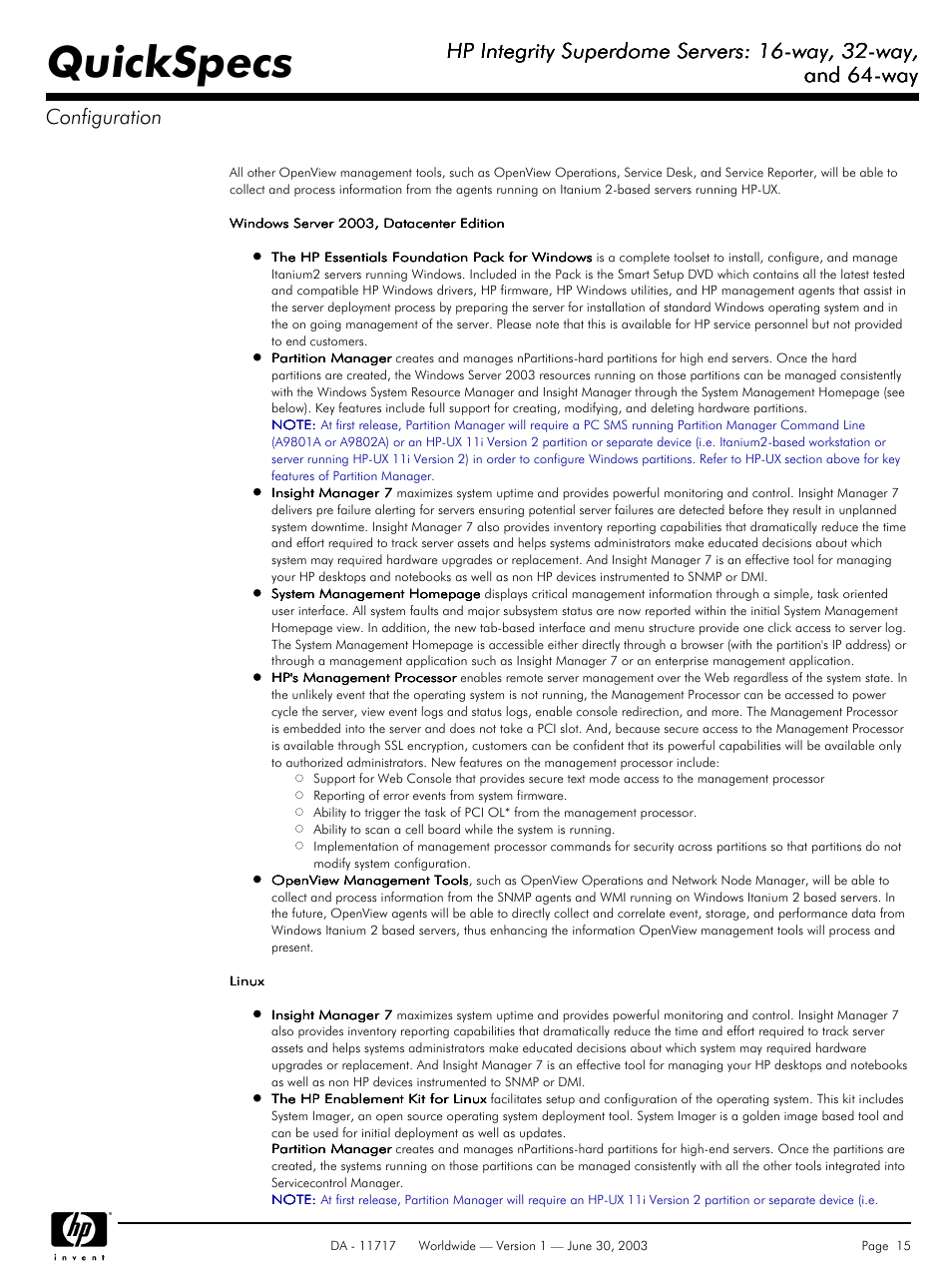 Quickspecs, Hp integrity superdome servers: 16-way, 32-way, And 64-way | And 64-way configuration | HP Integrity Superdome Server User Manual | Page 15 / 39