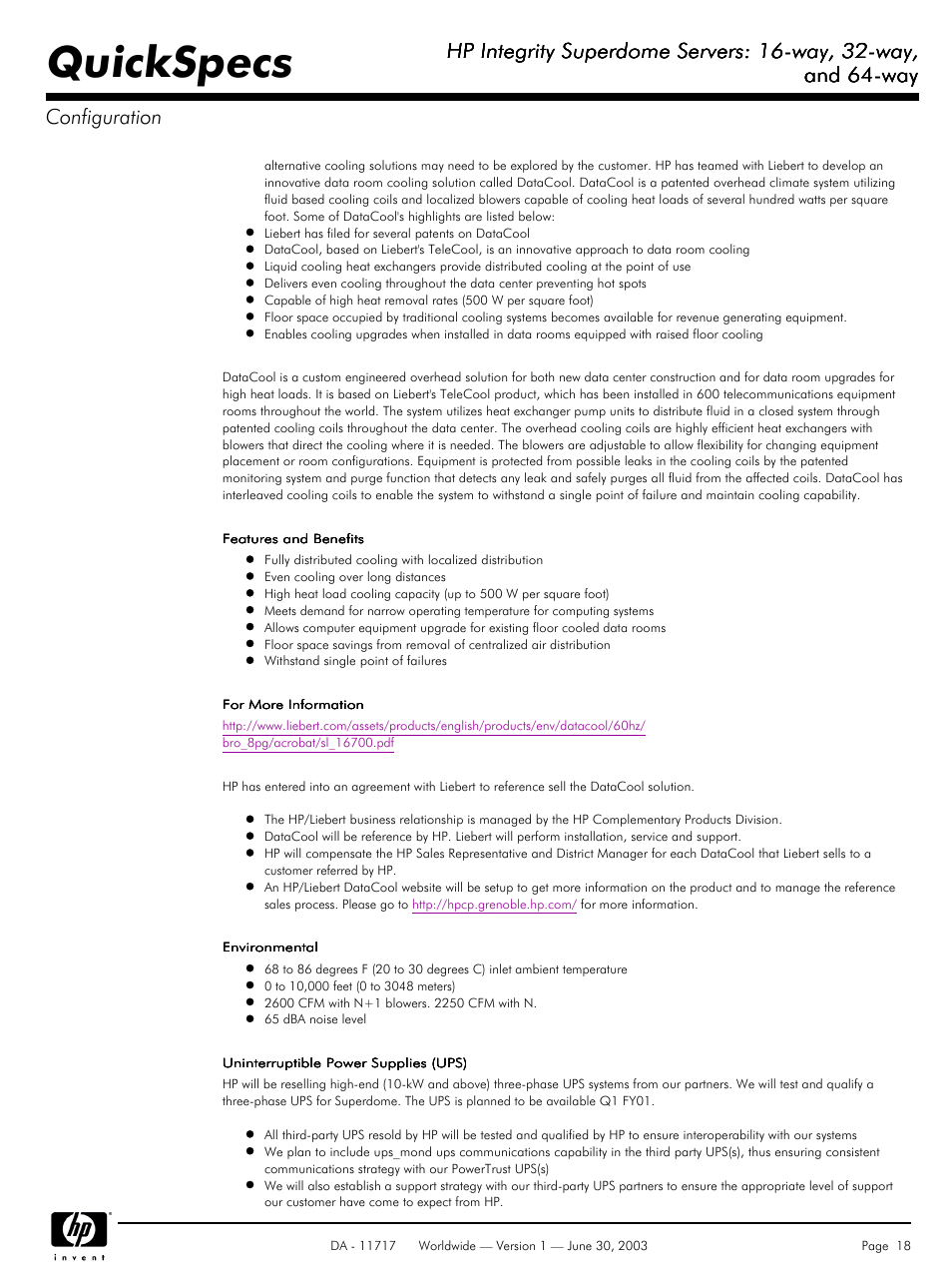 Quickspecs, Hp integrity superdome servers: 16-way, 32-way, And 64-way | And 64-way configuration | HP Integrity Superdome Server User Manual | Page 18 / 39