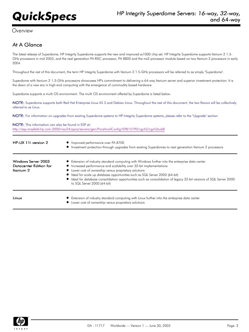 Quickspecs, Hp integrity superdome servers: 16-way, 32-way, And 64-way | And 64-way overview, At a glance | HP Integrity Superdome Server User Manual | Page 2 / 39