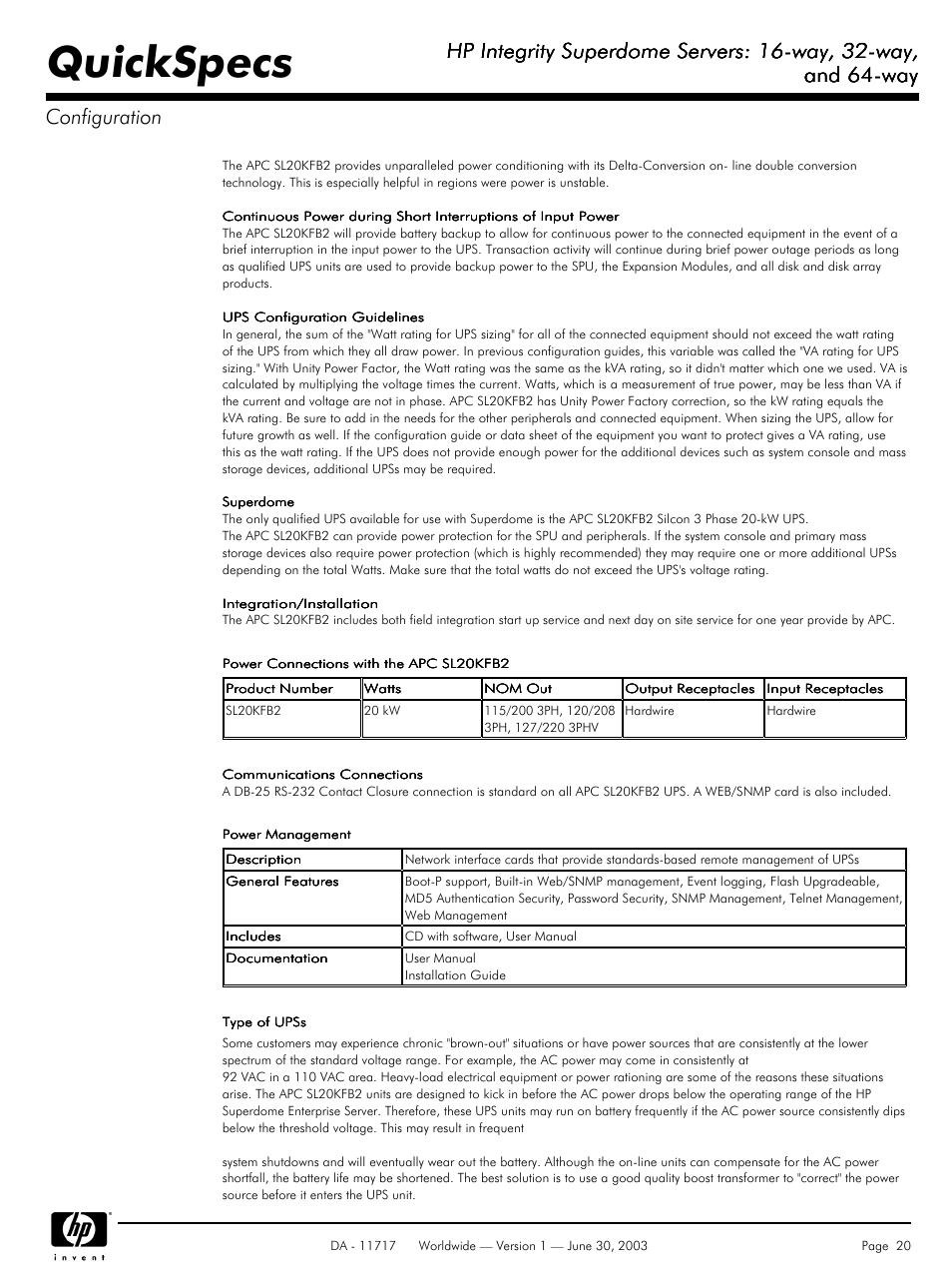 Quickspecs, Hp integrity superdome servers: 16-way, 32-way, And 64-way | And 64-way configuration | HP Integrity Superdome Server User Manual | Page 20 / 39